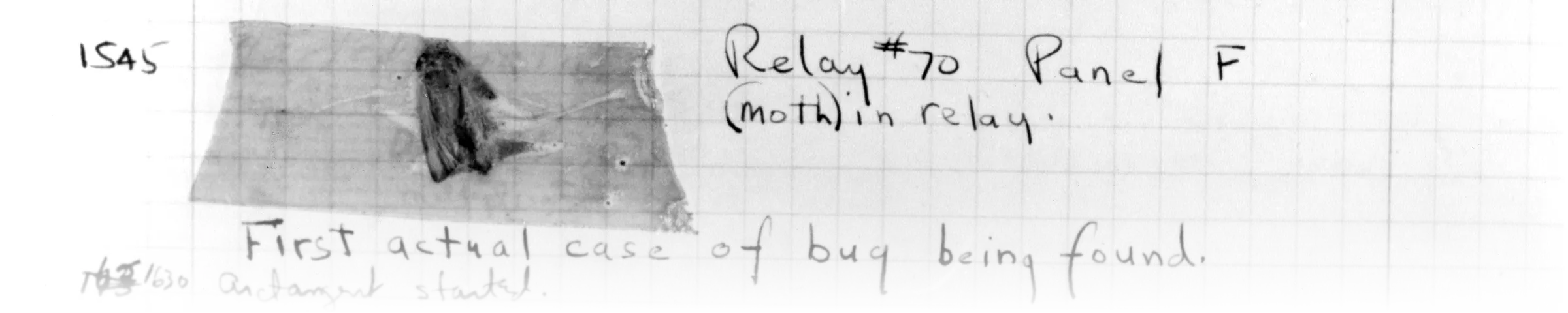 The Harvard Mark II relay-calculator logbook page for 9 September 1947, with a moth taped in beside the handwritten note "First actual case of bug being found."