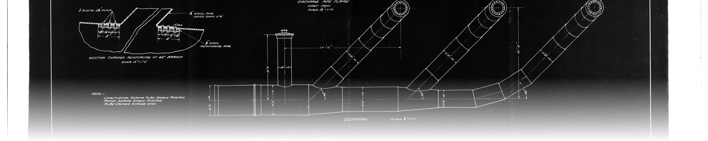 A 1913 engineering drawing of a steel discharge manifold, showing a single intake pipe splitting at a T-junction into three separate branches, each ending in its own flanged connector