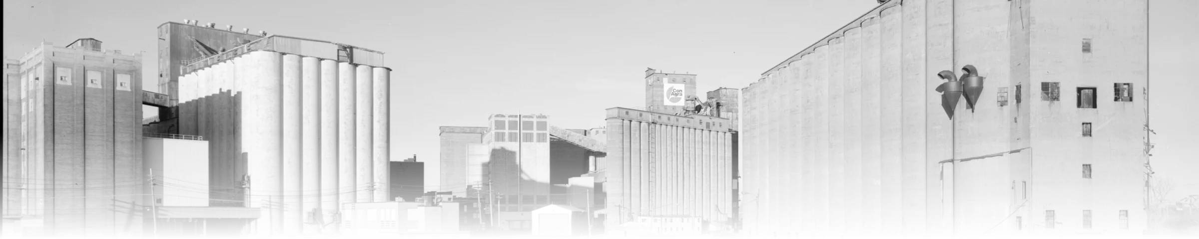 Multiple grain elevator structures of different eras and construction methods built alongside each other in the Buffalo, NY grain elevator district, with rail sidings converging in the foreground