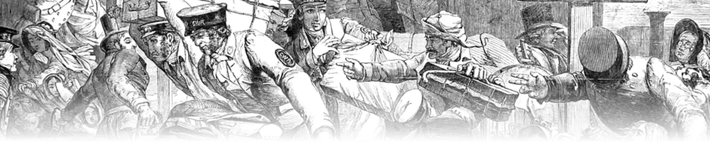 An 1846 engraving of porters transferring luggage between broad-gauge and narrow-gauge trains at Gloucester station, where incompatible railway gauges forced everything to be handed across the platform